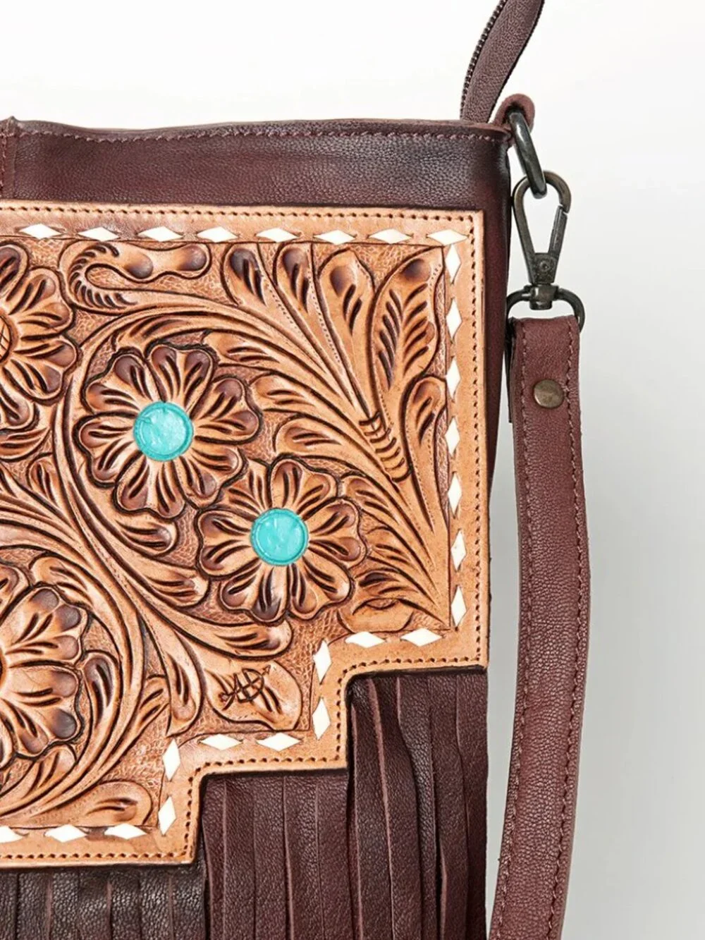 American Darling Boho Fringe Tooled Crossbody Bag